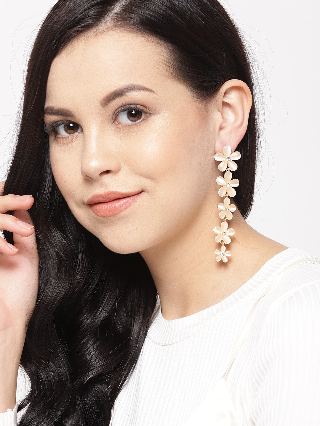 YouBella Off-White Gold-Plated Beaded Floral Drop Earrings